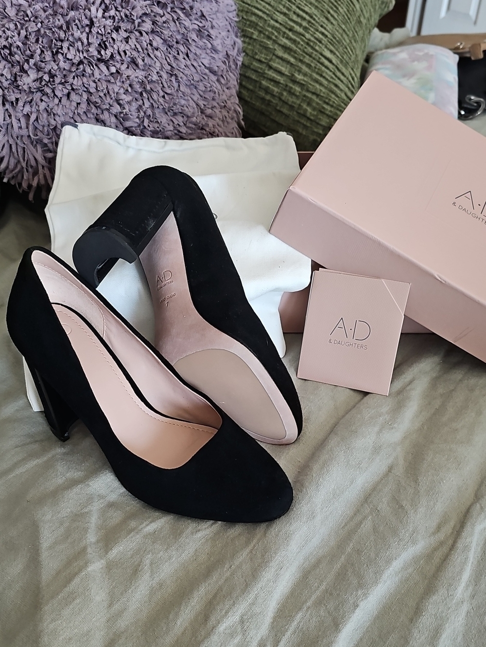 A.D. & Daughters Black Suede Block Heel Pumps